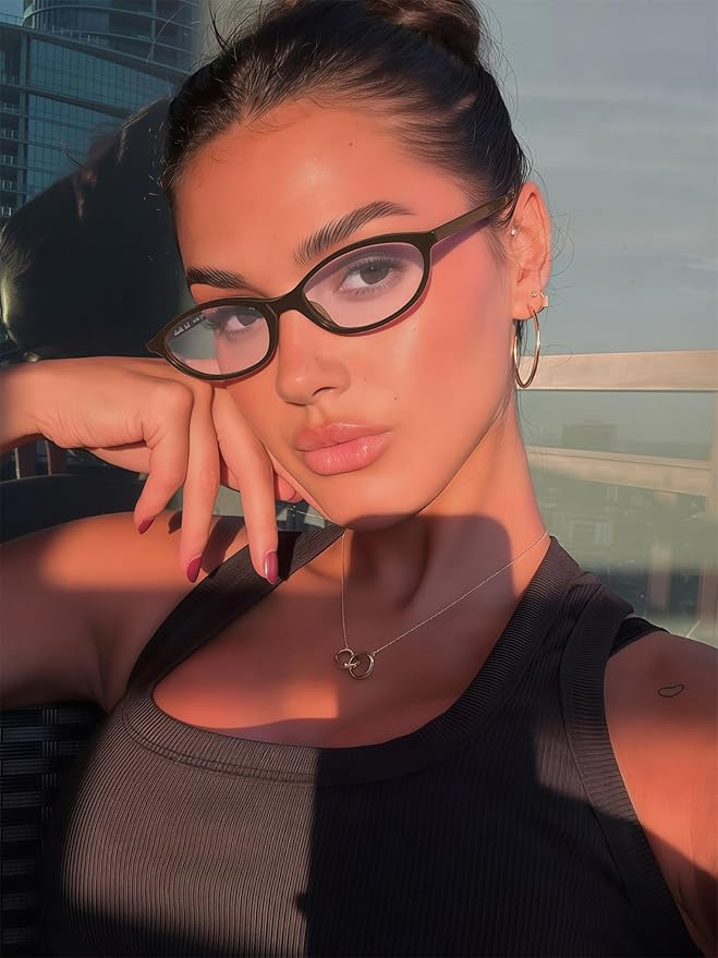 Retro Oval Sunglasses for Women Chic Cat Eye 90s Sunnies Lightweight Narrow Shades Trendy UV protection Sun Glasses