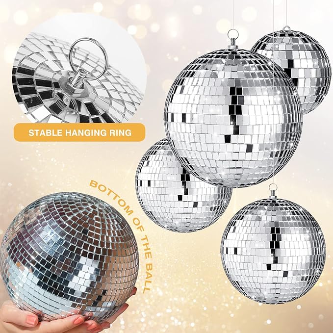 4 pack Large Disco Ball Silver Hanging Disco Balls Reflective Mirror Ball Ornament for Party Holiday Wedding Dance and Music Festivals Decor Club Stage Props (12 Inch, 8 Inch, 6 Inch, 4 Inch)