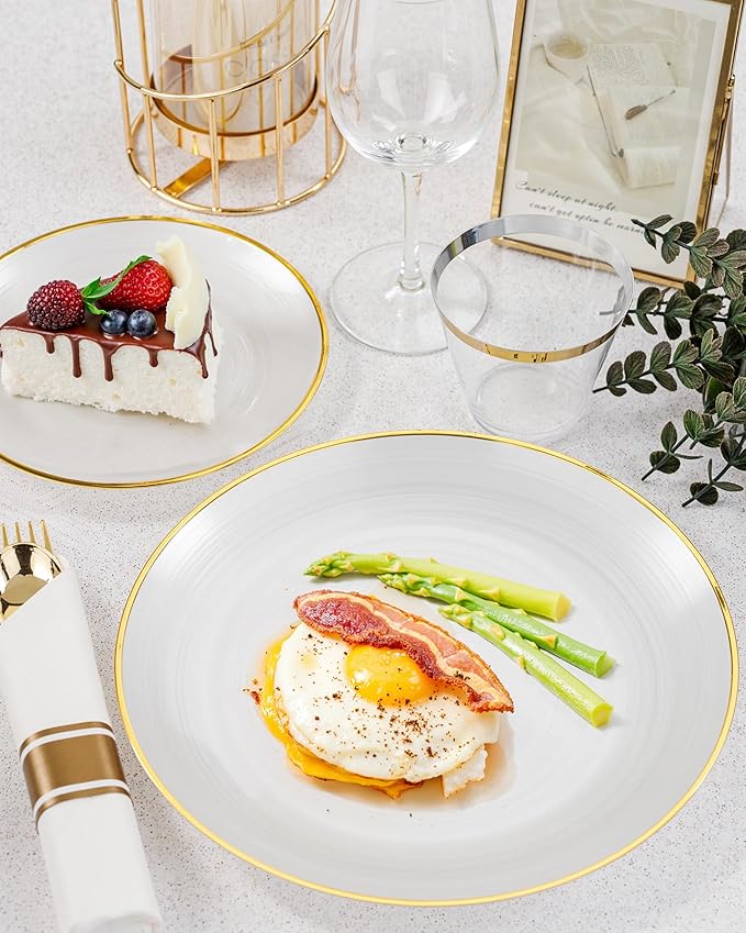 Morejoy 350PCS Pearl White and Gold Plastic Plates - Disposable Gold Party Plates & Pre Rolled Napkins with Cutlery for 50 Guests, 100Plates, 150Silverware, 50Cups, 50Napkin for Party & Thanksgiving