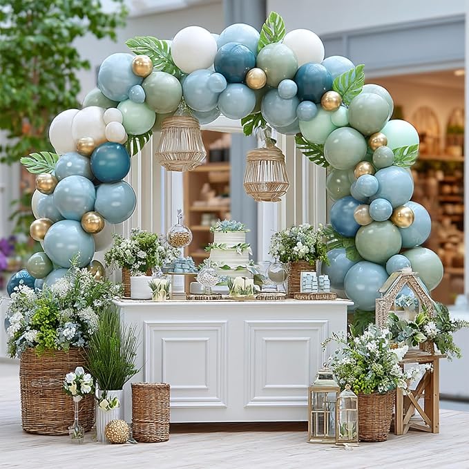 Sage Green Dust Blue Balloon Arch Kit Double Fill Olive Green White Sand Beige Gold Balloons Garland for Jungle Safari Birthday Baby Shower Wedding Party Decorations