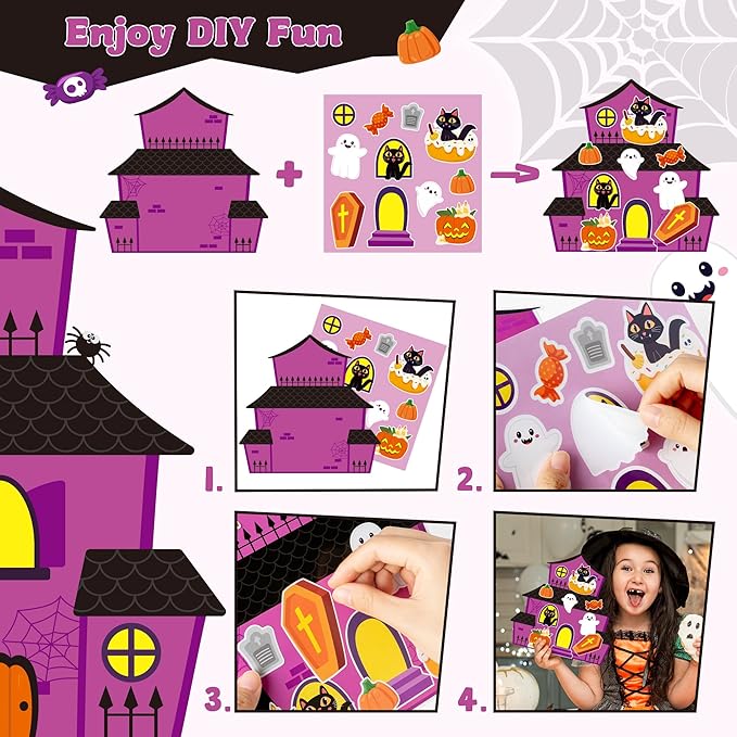 CY2SIDE Halloween Haunted House Stickers Scene - 12 Set Make A Haunted House Sticker Scene Craft Kits for Kid Make Your Own Halloween House Scene with Witch Sticker DIY Halloween Craft Class Activity