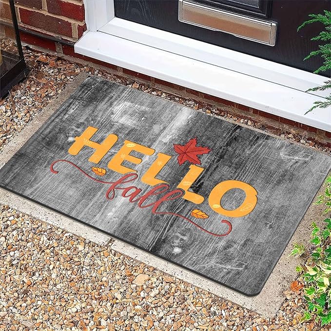 Hello Fall Door Mat Fall Maple Leaves Welcome Doormat, Seasonal Harvest Thanksgiving Vintage Rustic Low-Profile Floor Switch Mat for Indoor Outdoor, 24"x16"inch