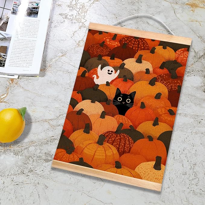 Rustic Halloween Ghost and Black Cat with Pumpkin Wall Art 18.5x14 Inch,Halloween Linen Canvas Wall Hanging Poster Decor, Retro Gothic Haunted House Theme Wall Poster for Living Room Bedroom(BLK10)