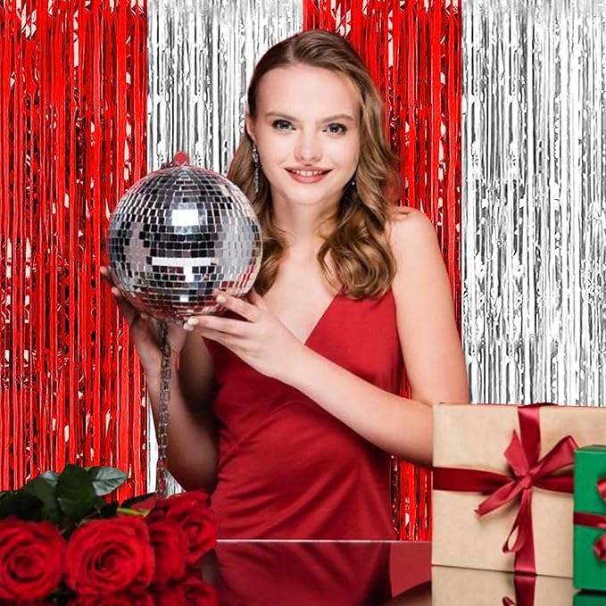 3 Pack Red and Silver Foil Fringe Curtains Backdrop, 3.28 x 6.6 Ft Metallic Streamers Tinsel Curtains Background for Photo Booth, Birthday, Halloween, Christmas, New Year Party Decorations
