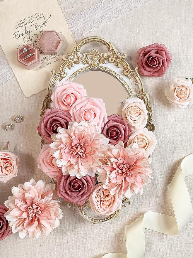 Pink Roses Artificial Flowers Fake Flower Bulk for DIY Wedding Bouquet Bridal Baby Shower Centerpiece Table Decorations Silk Faux Floral Arrangements for Party Home Decor Indoor Dusty Blush