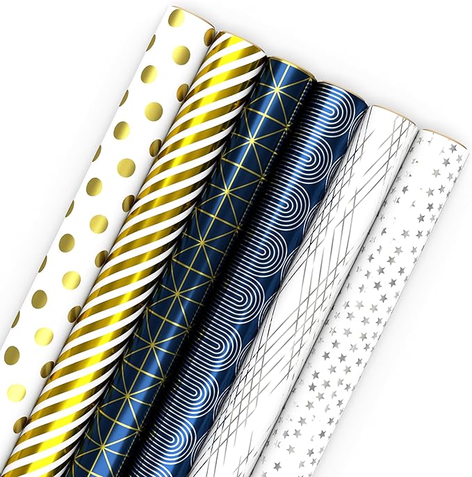Hallmark Bulk Wrapping Paper Rolls for Birthday, Wedding, Graduation – Blue Metallic Gift Wrap Paper (Set of 6 Rolls: 180 Square Feet Total) Silver Stars, Gold Dots, Stripes, Navy