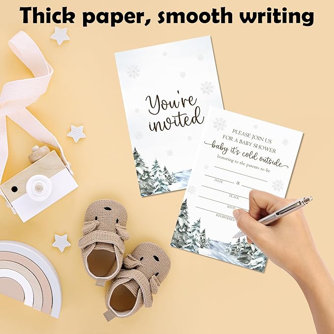 4'' x 6'' Baby It's Cold Outside Baby Shower Invitations - 25 Snowflake & Tree Invited Cards with Envelopes - Winter Announcement Invites for Boys & Girls, Gender Reveal Party Supplies & Decor -A06