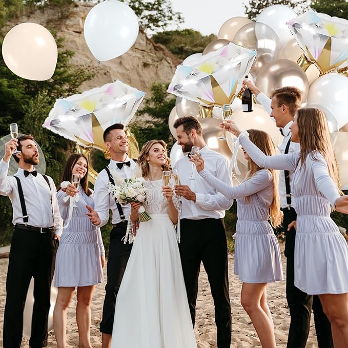 Beige White Gold Balloons,12 Inch Nude Metallic Champagne Gold Cream White Clear Balloon with Diamond Ring Foil Balloon for Boho Wedding Bridal Shower Marriage Anniversary Engagement Decorations
