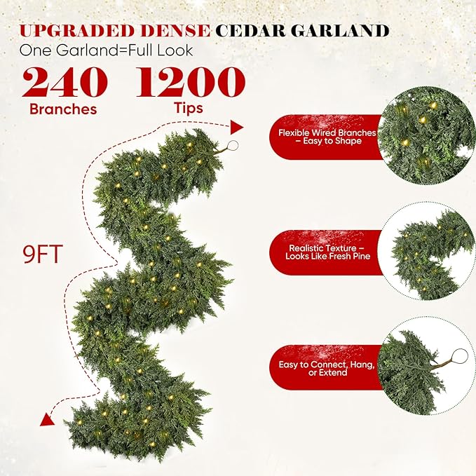 9FT Thick Pre-lit Christmas Garlands with 240 Cedar Branches, 50 Lights, Green Cedar Garland for Christmas Decorations, Artificial Greenery Garland for Table Mantle Wall Indoor Outdoor Holiday Decor