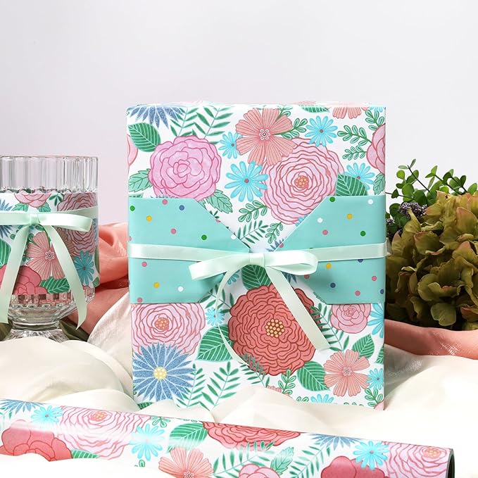 LaRibbons Reversible Floral Wrapping Paper Roll, 17 Inch x 33 Feet (46.7 Sq. Ft), Double-Sided Colorful Watercolor Rose and Polka Dots Design for Wedding, Mother’s Day, Bridal Shower & Birthday