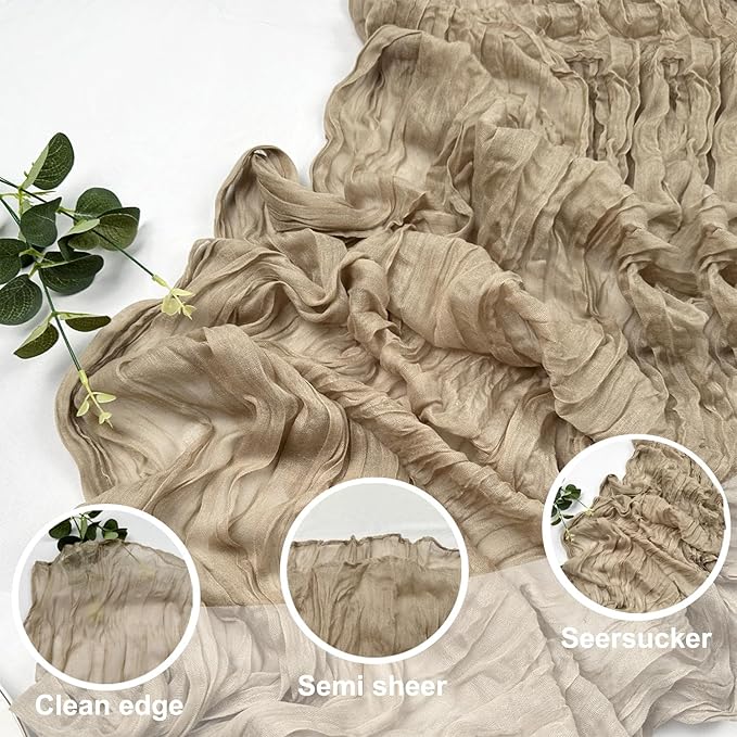 Booque Valley Nude Cheesecloth Table Runner 120 Inch 10ft Super Soft Boho Wrinkled Gauze Sheer Cloth for Baby Shower Birthday Bridal Shower Wedding Centerpiece Table Decoration, 6 Pack, Tan