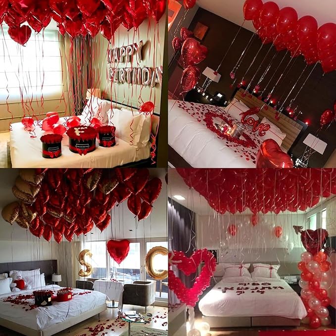 Anniversary Decorations, Happy Anniversary Banner, Hanging String Hearts, Red and Gold Balloons, Love Balloon, Red Silk Rose Petals for Wedding Bridal Shower Bachelorette Party Decorations