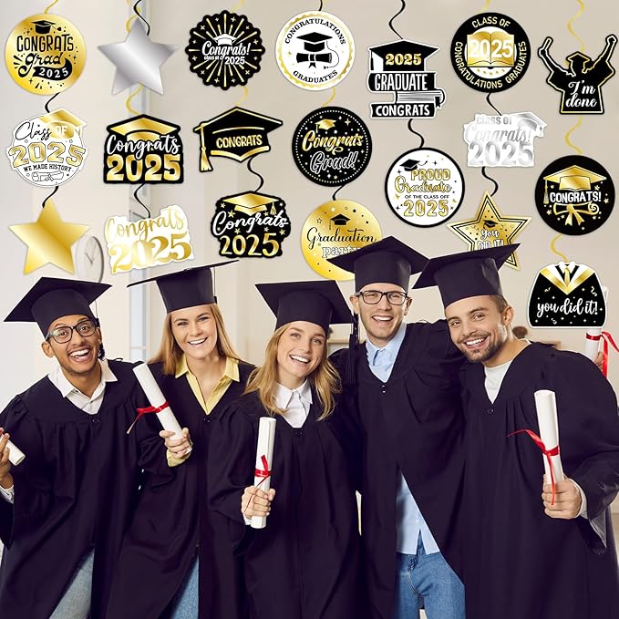 40Pcs Graduation Party Hanging Swirl Decorations, Black Glod Class of 2025 Congrats Grad Hanging Swirls Ceiling Decorations for 2025 Graduation Party Decor Supplies
