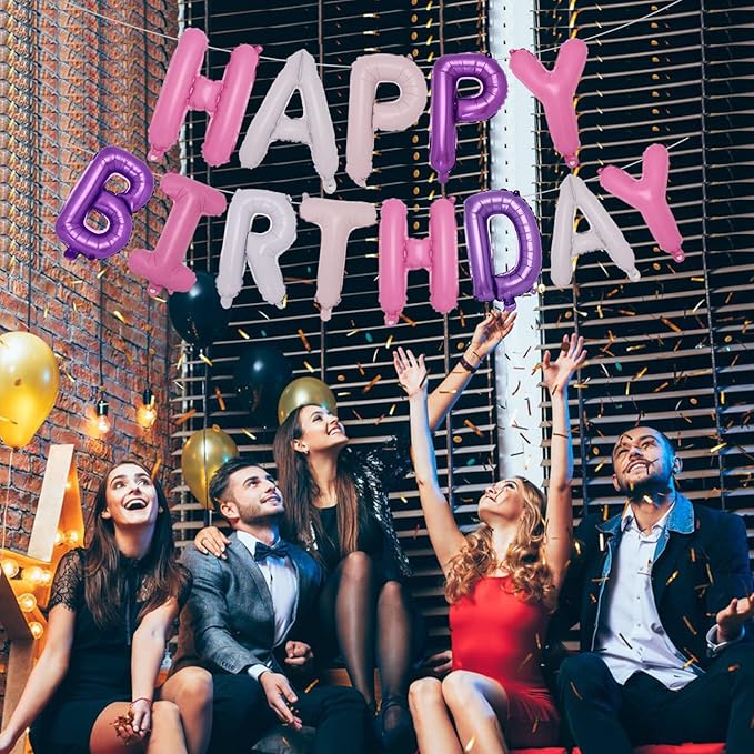 Accevo Pantone Happy Birthday Banner Purple Pink Happy Birthday Balloons 16 Inch Foil Letters Balloons Happy Birthday Sign for Kids, Child, Adults, Boys & Girls Birthday Decorations Birthday Banner