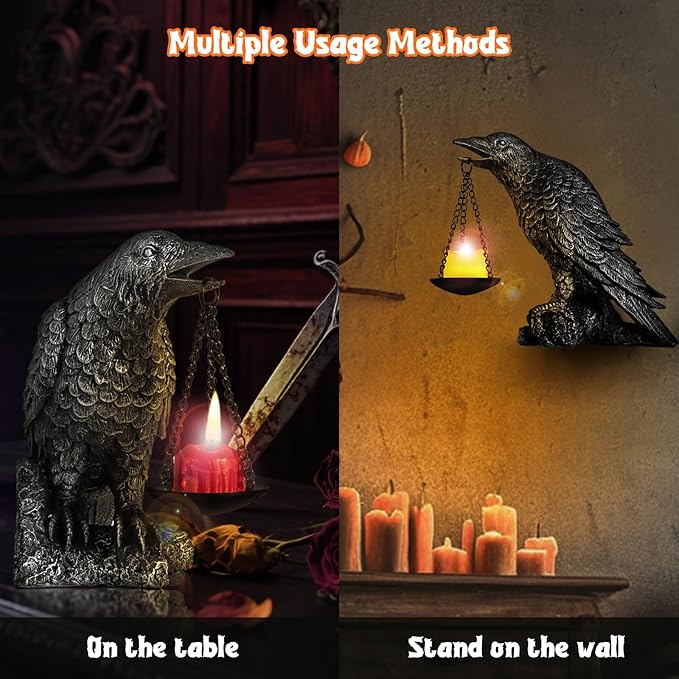 Halloween Decorations Outdoor Indoor Gothic Crow Wall Decor Table Candle Holder Raven Tealight Statue for Yard Patio Garden Bedroom Half Silver