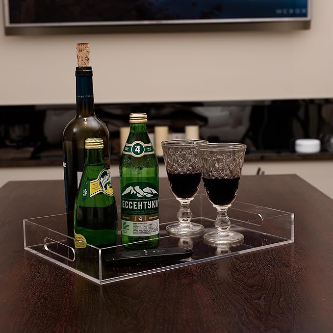 Clear Sturdy Acrylic Serving Tray with Handles 10x15x2H Inches -Spill Proof- Decorative Trays Countertop Organizer for Ottoman Coffee Table Nightstand, sidetable, Breakfast, Tea, Food