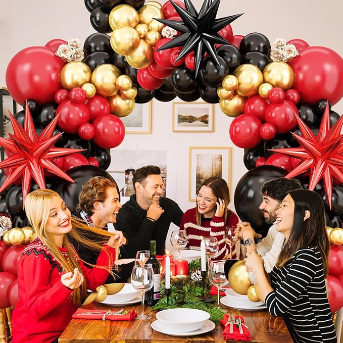 Red Black Balloon Arch Kit,Balloon Garland with Black Red Star Foil Balloons Metallic Gold Balloons for Birthday Baby Shower Wedding Engagement Anniversary Party Decorations