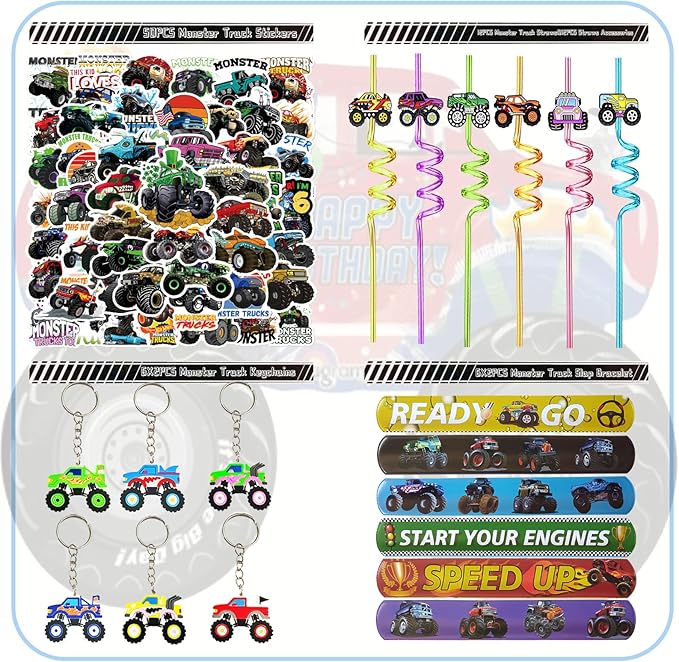 110PCS Monster Truck Party Favors Set,Monster Jam Birthday Decorations Including Truck Theme Slap Bracelets Keychains Gift Bags DIY Stickers Drinking Straws People Monster Truck Birthday Supplies