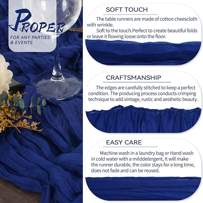 5 Packs Cheesecloth Table Royal Blue, 10Ft x 35" Dark Blue Rustic Gauze Boho Wedding Table Runner Decoration, Wedding Table Decor Table Cloth for Wedding Party Bridal Shower Table