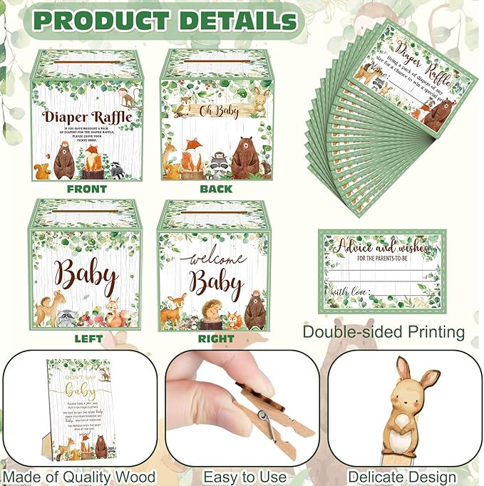 102 Pcs Baby Shower Game Supplies Diaper Raffle Tickets with Diaper Raffle Card Box Don't Say Baby Sign Mini Clothespin Baby Shower Game Decor for Baby Shower Gender Reveal(Animal)