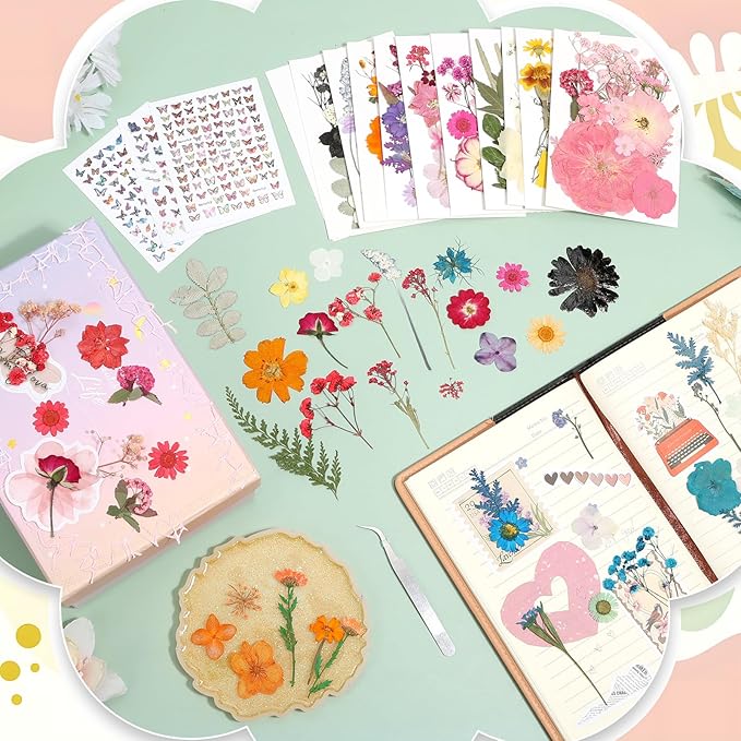 500 PCS Dried Flowers Butterfly Stickers for Crafts Real Natural Pressed Flowers Dry Leaves Kit for DIY Making Crafts Resin Soap Candle Scrapbook Supplies Card Making Jewelry