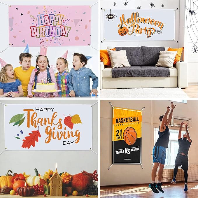 4 Pack 2 x 4ft White Craft Blank Banner - Oxford Cloth Heat Transfer Printing Sign with 16 Ropes, for Art Projects, Happy Birthday Parties Decorations