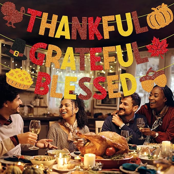Thankful Grateful Blessed Banner Thanksgiving Party Decorations Autumn Turkey Pumpkin Maple Leaves Happy Fall Friendsgiving Harvest Day Party Supplies