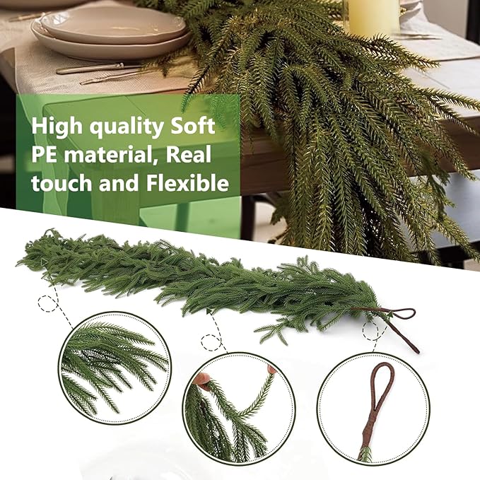 Premium 30% Fuller 6 Ft Artificial Norfolk Pine Garland, Real Touch Winter Pine Garland, for Staircase, Table, Mantle, Wall, Indoor, Outdoor Christmas Decorations, Flower Arranging
