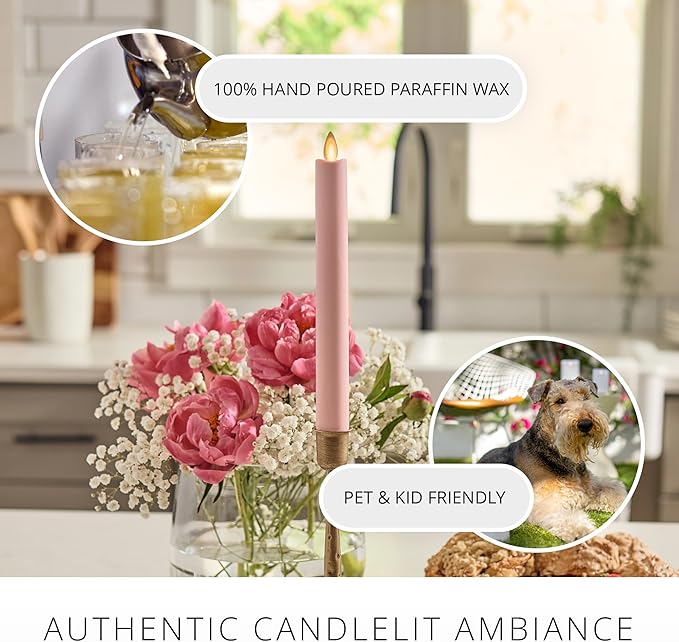 Luminara Flameless Candle Taper (1" x 9.5") Melted Top Real Wax Unscented Remote Ready Timer (Crystal Rose)