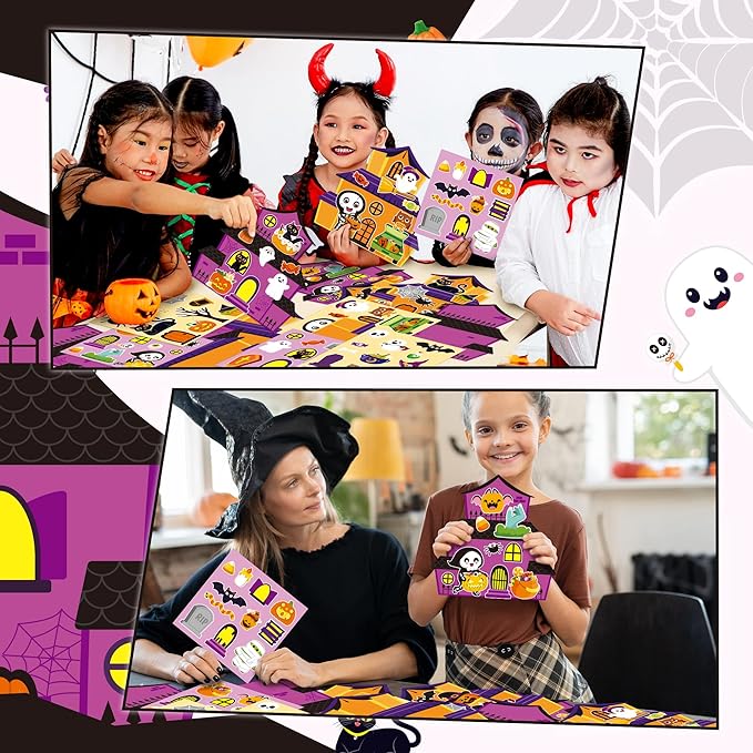 CY2SIDE Halloween Haunted House Stickers Scene - 12 Set Make A Haunted House Sticker Scene Craft Kits for Kid Make Your Own Halloween House Scene with Witch Sticker DIY Halloween Craft Class Activity