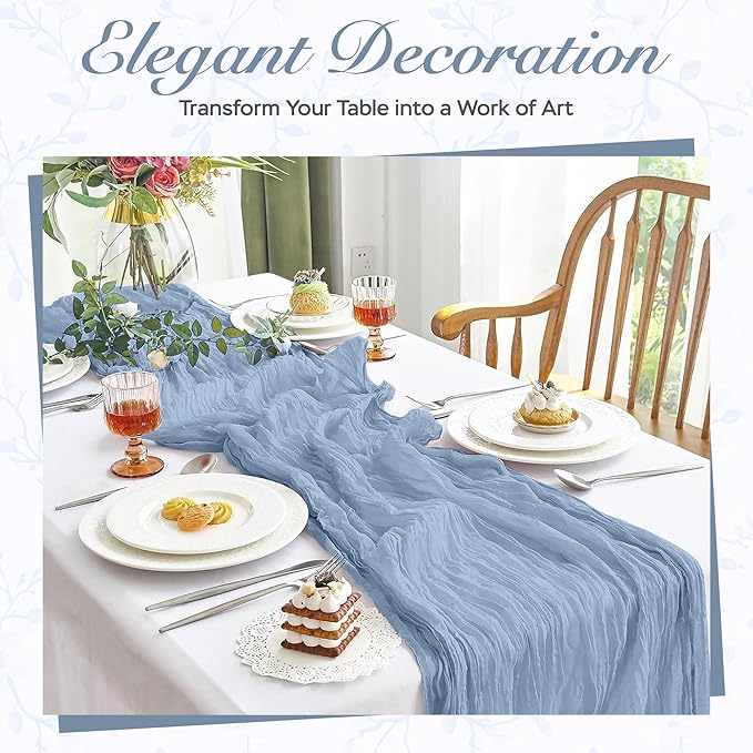 Cheesecloth Table Runner 3 Pack – 35x120 Inch (10ft) Boho Rustic Gauze Cloth Runners – Crinkle Polyester Table Decor for Wedding, Baby Shower, Bridal Shower, Birthday Party and More (Dusty Blue)