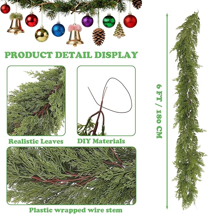 6FT Real Touch Cedar Garland, Christmas Artificial Cedar Garland, Artificial Cypress Leaf Vine Wreath for Mantle/Table/Stairs/Outdoor Indoor Christmas Decorations (2PCS)
