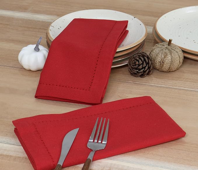 PurpleEssences Set of 12 Hemstitch Cloth Dinner Napkins 100% Cotton - Soft Durable Washable - Ideal for Wedding Fall Thanksgiving - Perfect Everyday Use Table Linen 18x18 - Red