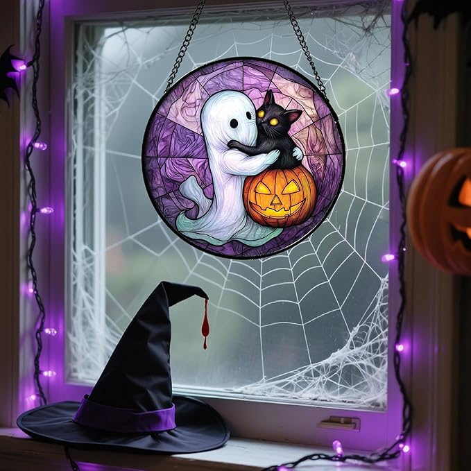 Stained Glass Window Hanging - Halloween Decorations Ghost Black Cat Pumpkin Suncatcher for Door Garden Spooky Purple Sun Catchers Gothic Decor Horror Gifts for Women Men Friend Boy 7.8 in