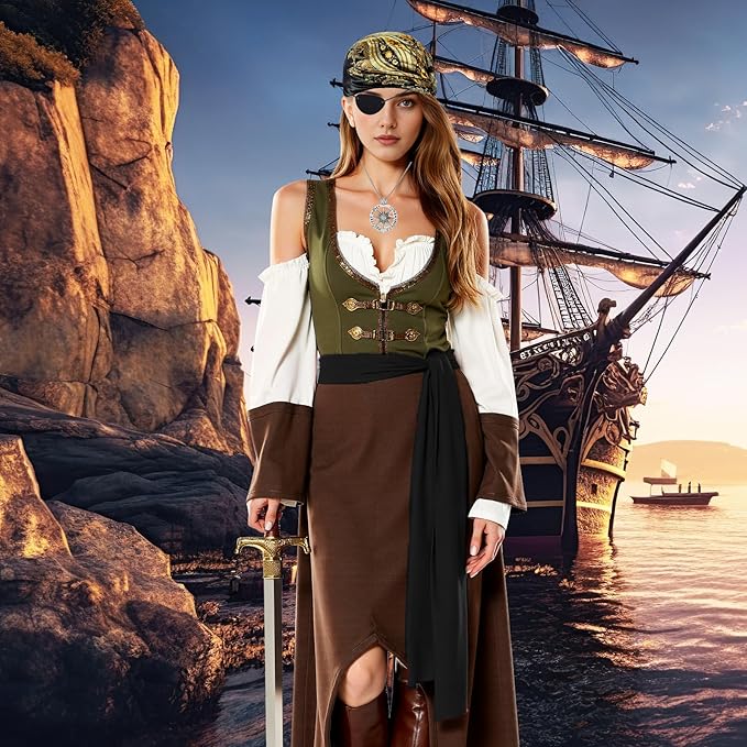 7pcs Women Pirate Costume Accessories for Men Pirate Head Scarf Necklace Belt Dress Accessories Renaissance