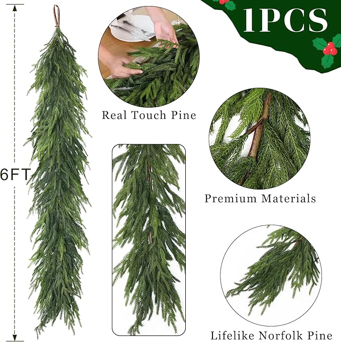 6FT Real Touch Norfolk Pine Garland - Artificial Christmas Garland Fake Green Faux Pine Needles Garland for Table Fireplace Mantle Holiday Home Indoor Outdoor Decor (1PCS)