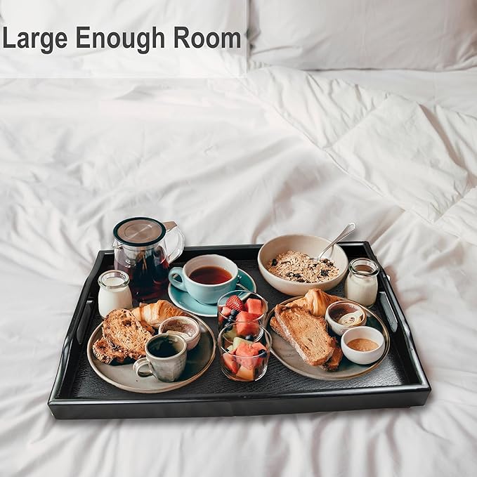 Large Black Plastic Serving Tray with Handles, Set of 2, 19+16.5'', Dishwasher Safe, Stylish, Sturdy, Shatterproof, Napkin and Cleaning Clothes Included