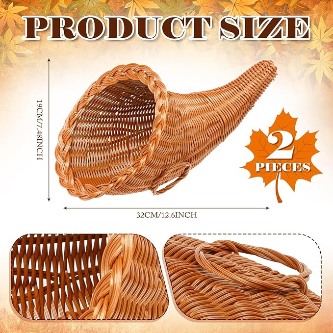 Dandat 2 Pcs Thanksgiving Cornucopia Basket 13.78 Inch Thanksgiving Horn of Plenty Fall Table Decoration Harvest Cornucopia for Autumn Table Centerpieces Fall Party Decorations
