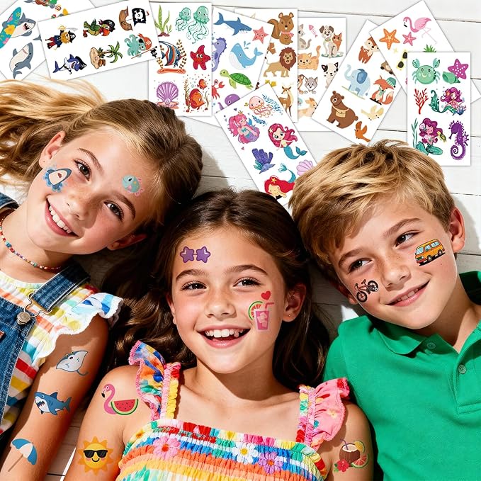 326+ PCS Kids Temporary Tattoos, 60 Sheets Small Watercolor Fake Tattoos with Mermaid, Truck, Animal, Princesses, Pirate, Dinosaur, Alien, Butterfly Mixed Styles Stickers for Boys and Girls Gifts