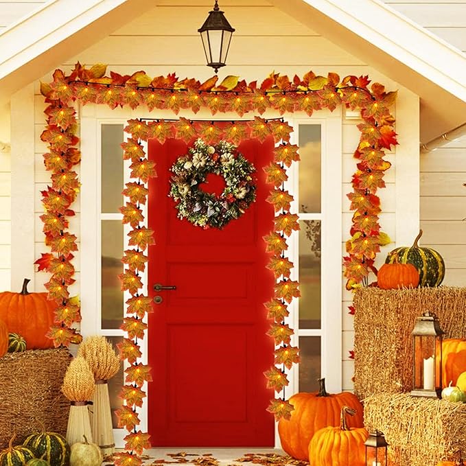 Fall Decor Maple Leaf String Lights,13.5ft 35 LED Thanksgiving Decorations Halloween String Lights,Autumn Orange Maple Leaf Garland with Light for Home Holiday Autumn Harvest Halloween Decor