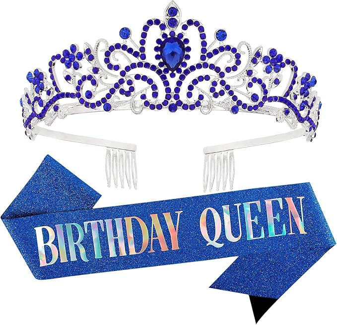Velscrun Happy Birthday Queen Blue Silver Tiara Crowns for Women, Sash, Party Favors Supplies Gift for Her, 50th Party Decorations, Stuff Accessories