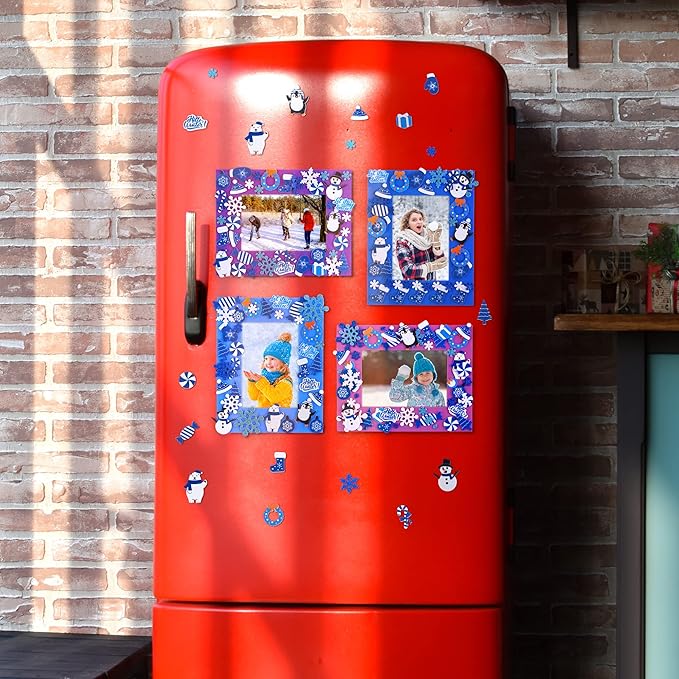 Fovths 12 Pieces Christmas Frozen Party Foam Picture Frames DIY Craft, 300 Pieces Snowflake Snowman Penguin Foam Stickers, 24 Pieces Craft Stickers for Winter Snow Party