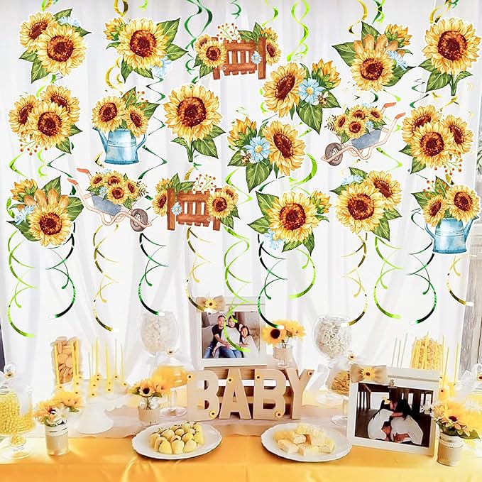 Sunflower Party Hanging Swirls, 48 Pcs,Rustic Horticulture Garden Party Decoration Sign,Flower Theme Party Supplies for Birthday,Baby Shower, Wedding,Yellow Black Green