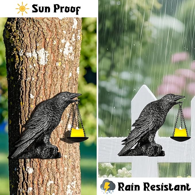 Halloween Decorations Outdoor Indoor Gothic Crow Wall Decor Table Candle Holder Raven Tealight Statue for Yard Patio Garden Bedroom Half Silver