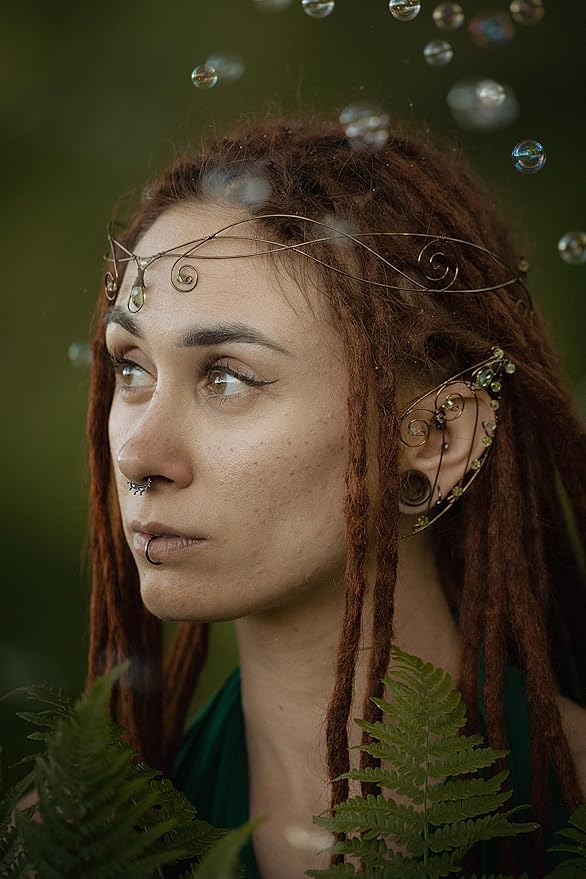 Renaissance Fairy Tale Costume Set - Elf Ear Cuff Earrings Decorative Medieval Fairy Winding Tiara Crown for Cosplay