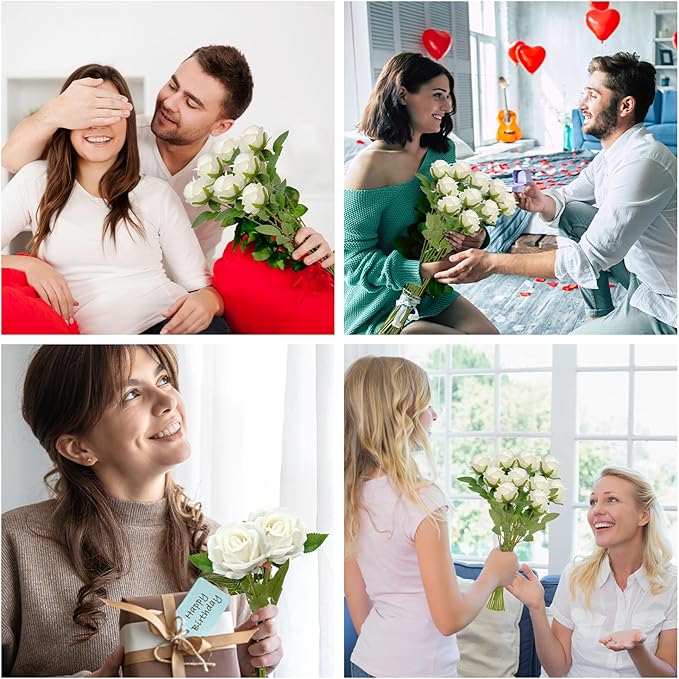 Bulk Artificial Flowers 50 PCS, Fake Velvet Silk White Roses with Long Stems Realistic Bouquet for Wedding Centerpieces, Faux Arrangement for Home Table Decor