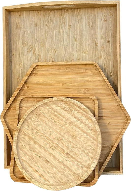 Bamboo Serving Trays Cutting Boards 16.5"x11.8"（42x30cm with Handle, Set Includes 0.63"(1.6cm) Thick Plates Hexagon 12.5"(32cm)+Square 7.8"(20cm)+Circle 7.8"(20cm) for Family Dinner Time