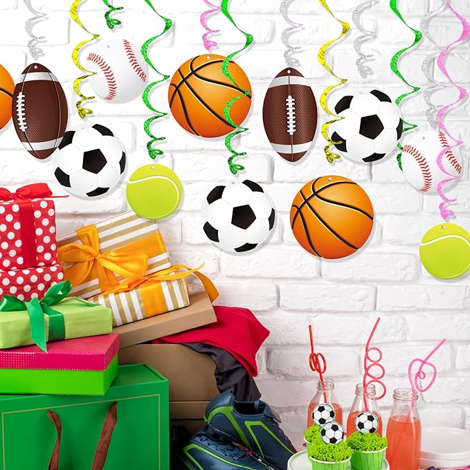 Sports Hanging Swirls Banner Decor 60 Pieces Foil Ceiling Hanging Swirls Streams Banner Decorations Garland for Kids Sport Celebrating Events Birthday Party Supplies Room Wall Decor