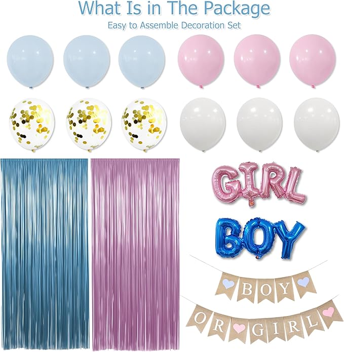 Baby Gender Reveal Party Decorations, 23 Pcs Boy or Girl Baby Shower Party Decoration including Pink Blue Balloons Boy or Girl Banner Fringe Curtains