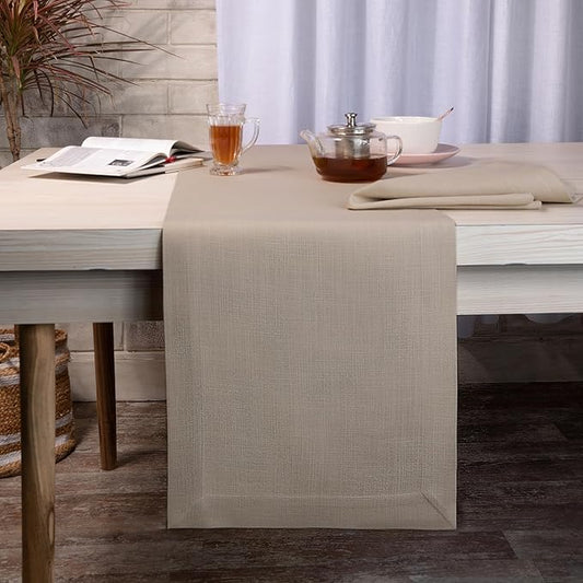 D'Moksha Homes Natural Table Runner 14 x 120 Inch - Faux Linen Dining Table Runner 120 Inches Long - Wrinkle Resistant, Machine Washable for Thanksgiving, Christmas, Holiday - 100% Recycled Fabric